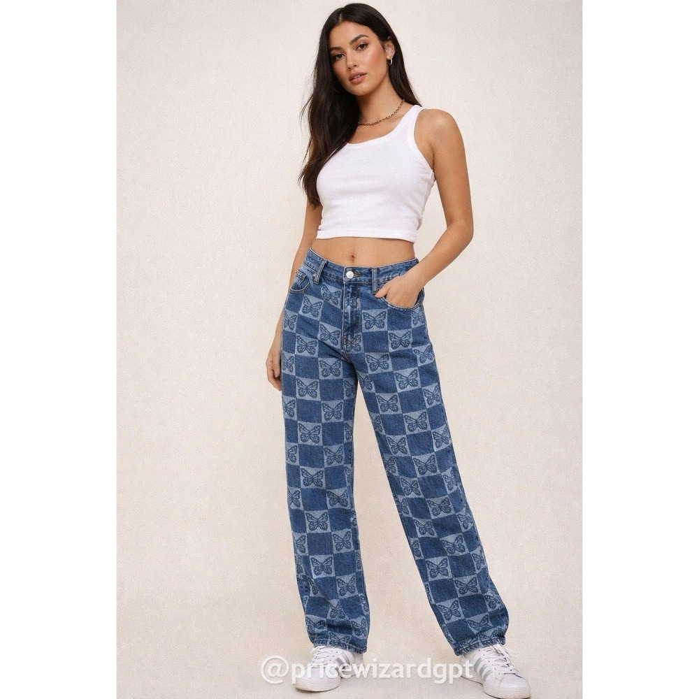 PacSun Womens Blue Eco Butterfly Checkerboard Low Rise Straight Jeans Size 27